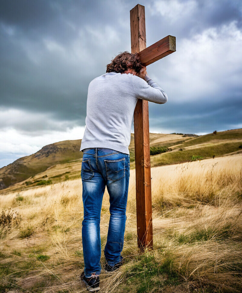 man in jeans and white shirt taking up his cross