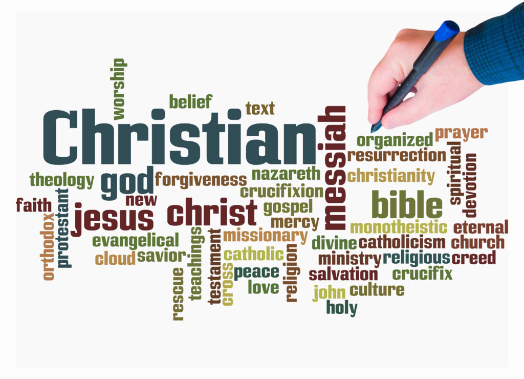 Word cloud including christian terminology such as Savior, Bible, and other church words